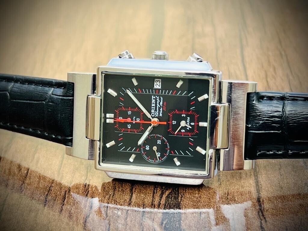 Vintage Orient 50m Chronograph Quartz Black & Red Dial Japan Made 34mm - Grab A Watch Co