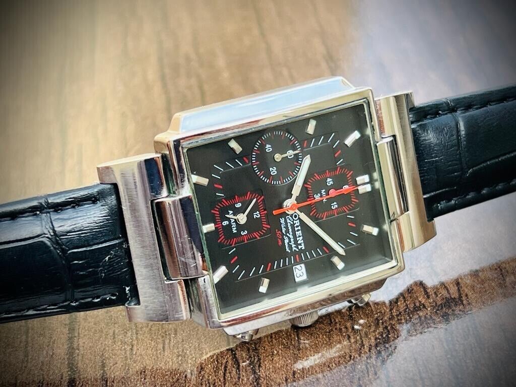 Vintage Orient 50m Chronograph Quartz Black & Red Dial Japan Made 34mm - Grab A Watch Co