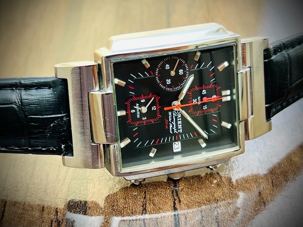 Vintage Orient 50m Chronograph Quartz Black & Red Dial Japan Made 34mm - Grab A Watch Co