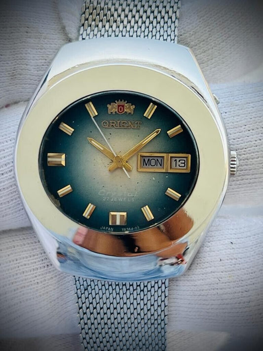 Vintage Orient Crystal Green Dial 37mm Shark Mesh Mens Watch, Perfect - Grab A Watch Co