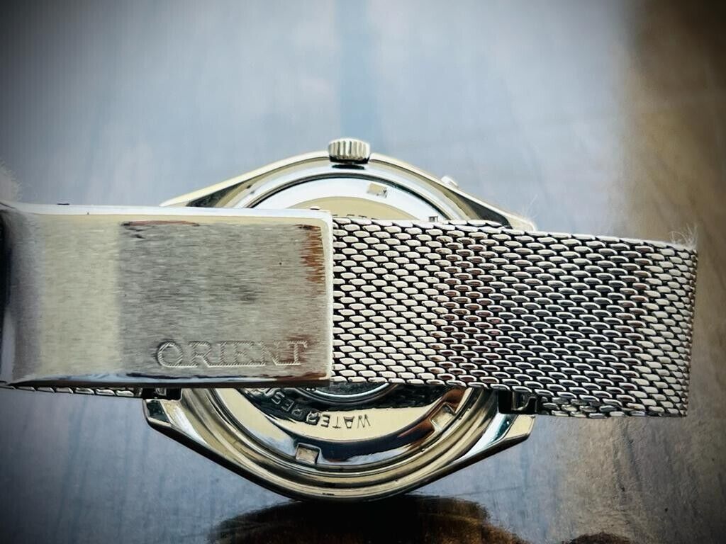 Vintage Orient Crystal Green Dial 37mm Shark Mesh Mens Watch, Perfect - Grab A Watch Co
