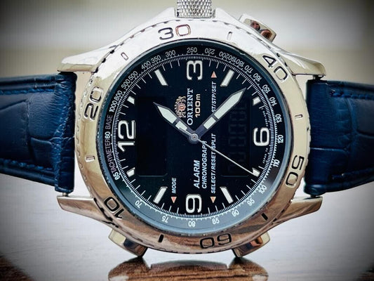 Vintage ORIENT Digital 100m Alarm Chronograph Dual Time Mens Watch 40mm - Grab A Watch Co