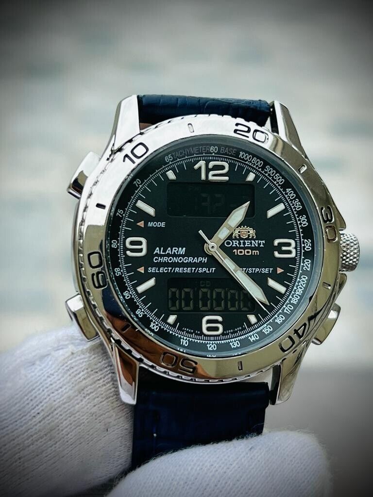 Vintage ORIENT Digital 100m Alarm Chronograph Dual Time Mens Watch 40mm - Grab A Watch Co