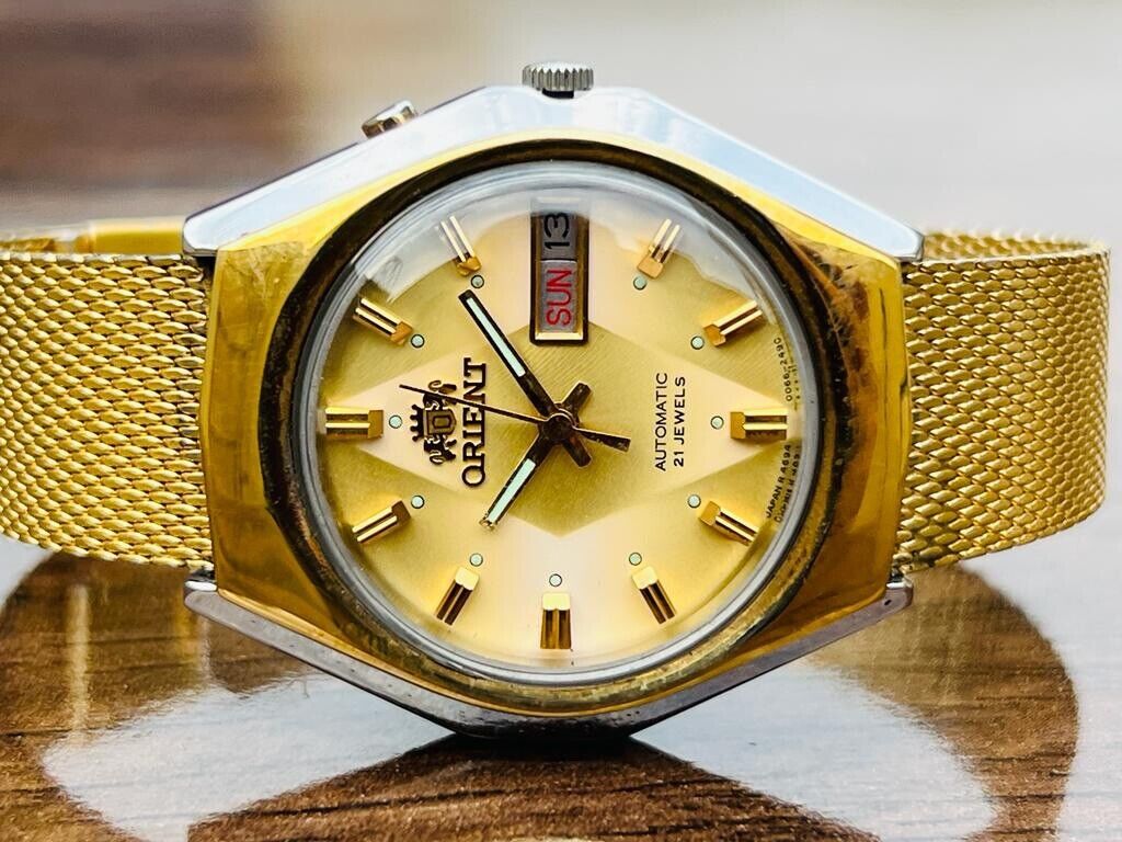 Vintage Orient Gold Plated Diamond Cut Sapphire Glass 21 Jewels Japan Made 38mm - Grab A Watch Co