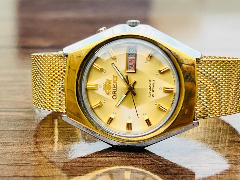 Vintage Orient Gold Plated Diamond Cut Sapphire Glass 21 Jewels Japan Made 38mm - Grab A Watch Co