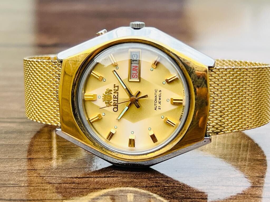 Vintage Orient Gold Plated Diamond Cut Sapphire Glass 21 Jewels Japan Made 38mm - Grab A Watch Co