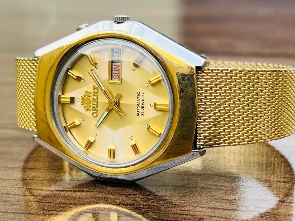 Vintage Orient Gold Plated Diamond Cut Sapphire Glass 21 Jewels Japan Made 38mm - Grab A Watch Co