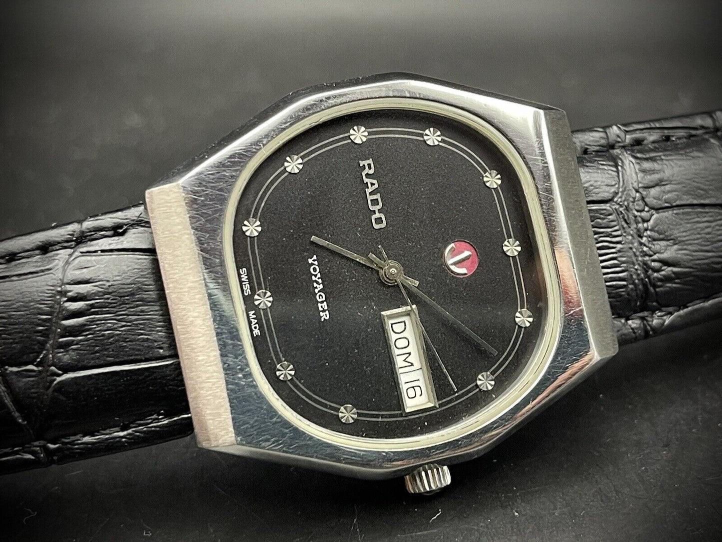 Vintage Rado Voyager Black Diamond Dial Automatic Gents Watch, 37mm Big Size - Grab A Watch Co