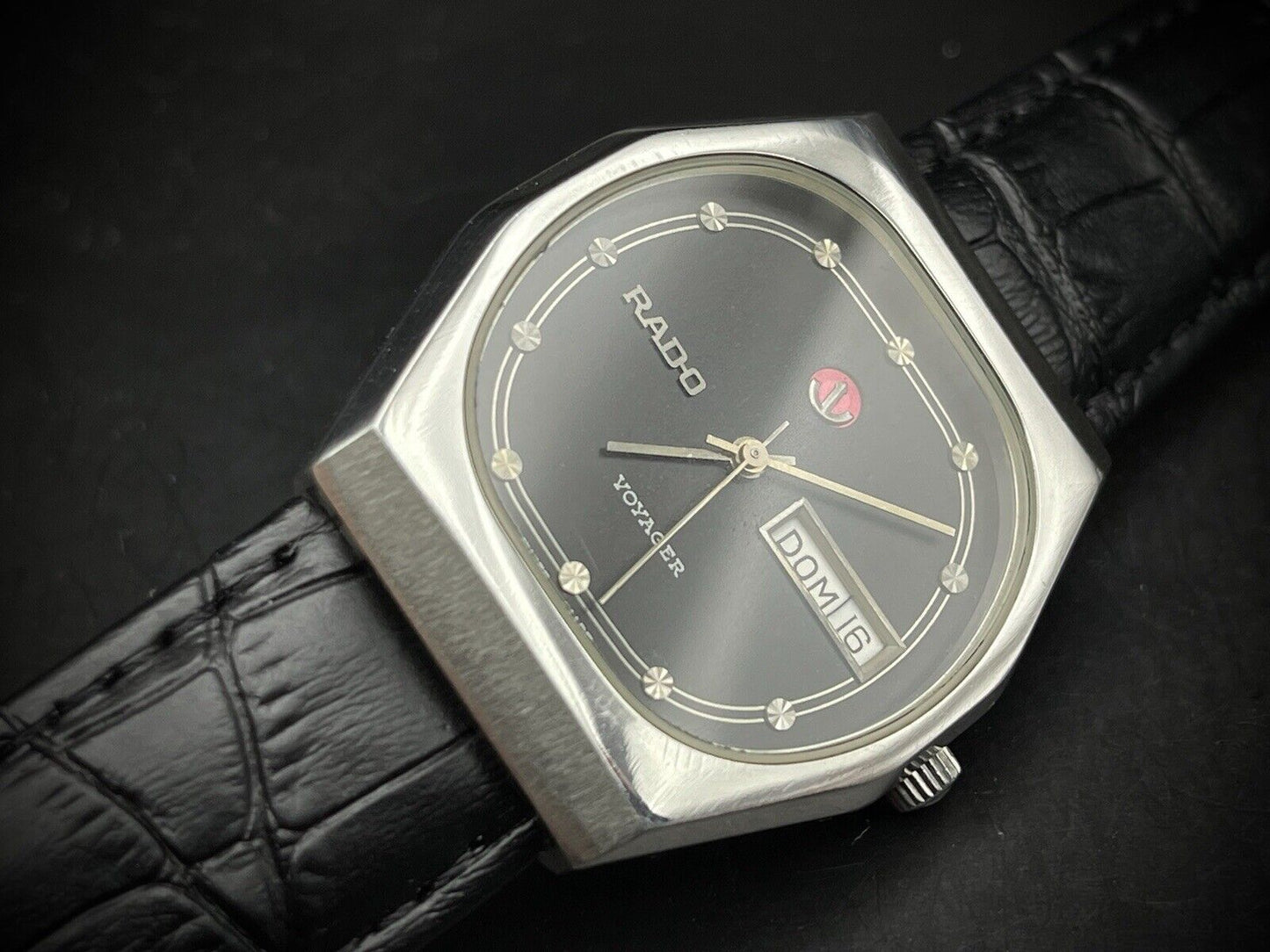 Vintage Rado Voyager Black Diamond Dial Automatic Gents Watch, 37mm Big Size - Grab A Watch Co