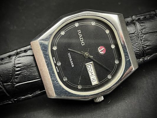 Vintage Rado Voyager Black Diamond Dial Automatic Gents Watch, 37mm Big Size - Grab A Watch Co