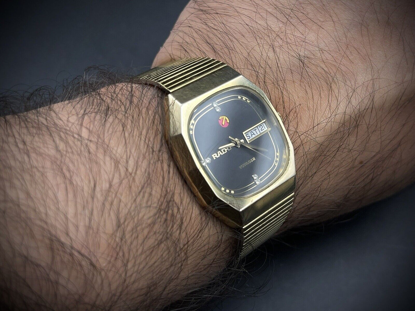 Vintage Rado Voyager Black Diamond Dial Automatic Gents Watch, Box+Papers 37mm - Grab A Watch Co