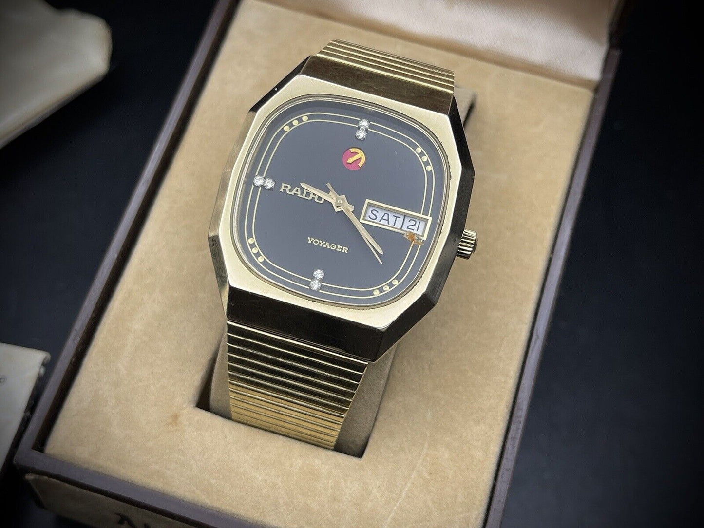 Vintage Rado Voyager Black Diamond Dial Automatic Gents Watch, Box+Papers 37mm - Grab A Watch Co
