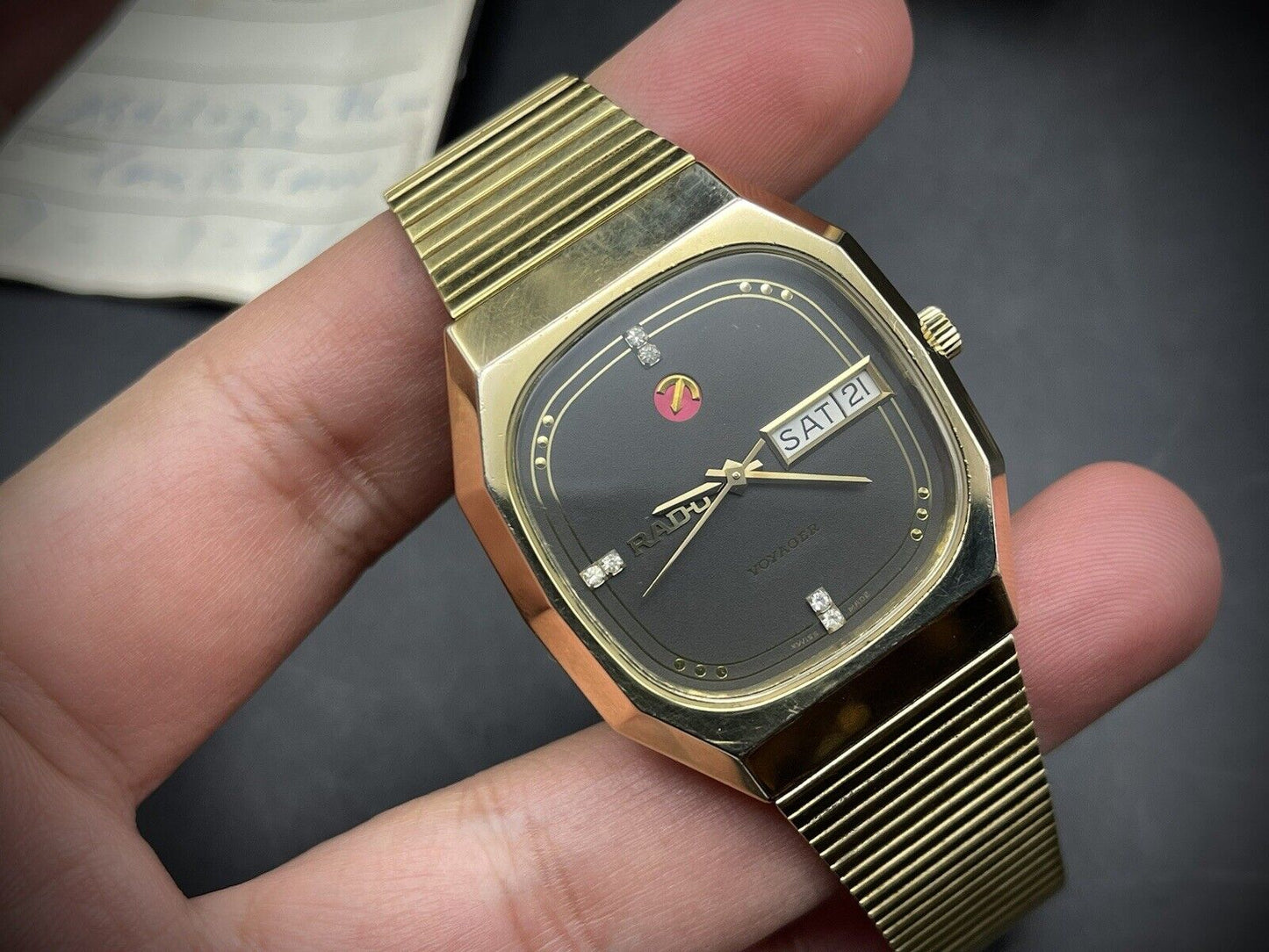 Vintage Rado Voyager Black Diamond Dial Automatic Gents Watch, Box+Papers 37mm - Grab A Watch Co