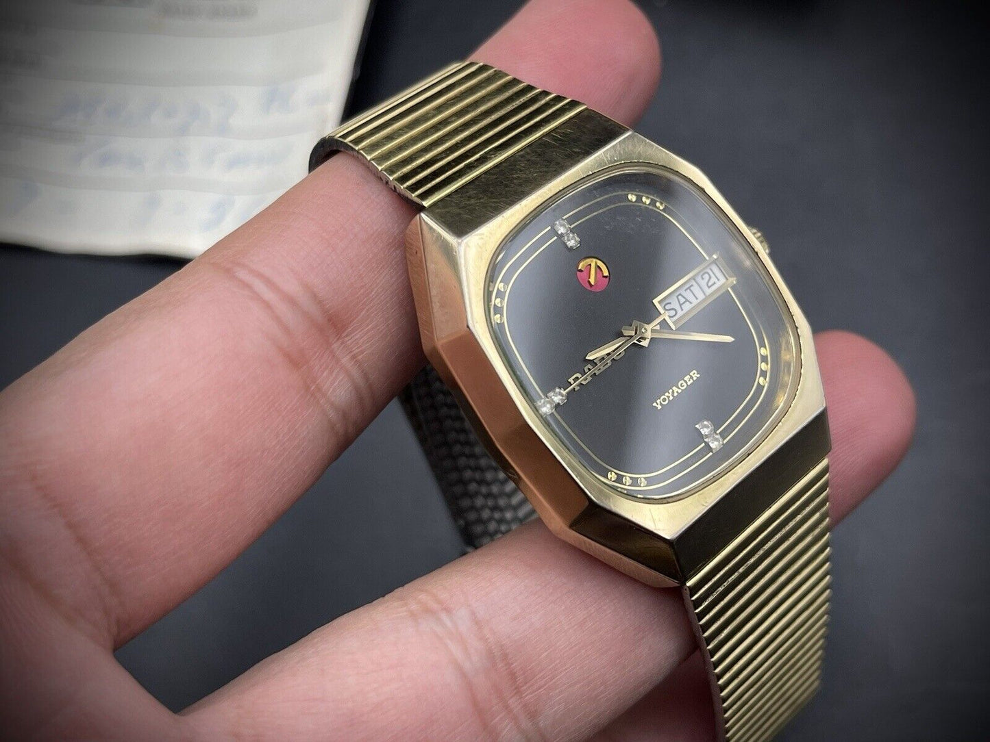 Vintage Rado Voyager Black Diamond Dial Automatic Gents Watch, Box+Papers 37mm - Grab A Watch Co