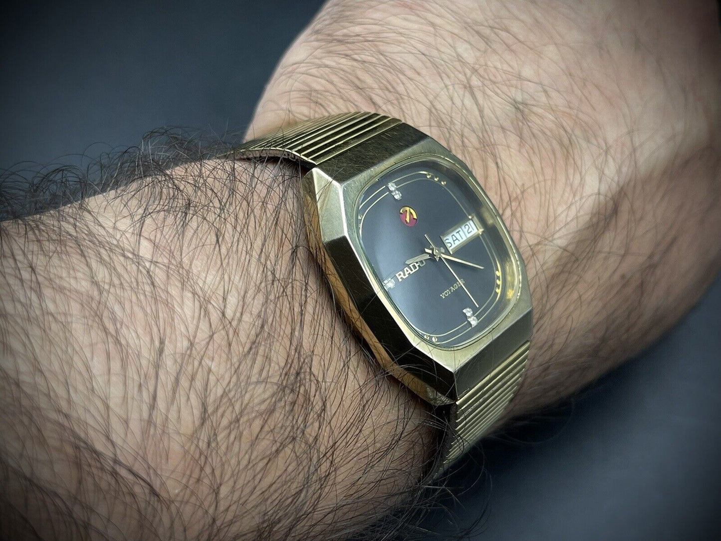 Vintage Rado Voyager Black Diamond Dial Automatic Gents Watch, Box+Papers 37mm - Grab A Watch Co