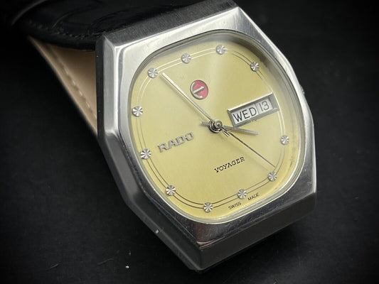 Vintage Rado Voyager Yellow Diamond Dial Automatic Gents Watch, 37mm Big Size - Grab A Watch Co