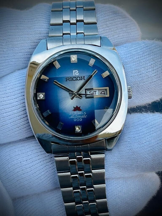 Vintage Ricoh 909 Stunning Dial Automatic Mens Watch 36mm Diamond Cut Glass - Grab A Watch Co