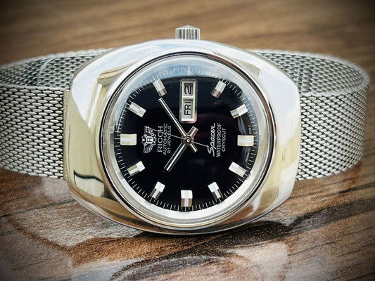 Vintage Ricoh Automatic 21 Jewels Spacer Cryscut , Black Dial Gents Watch, Japan - Grab A Watch Co