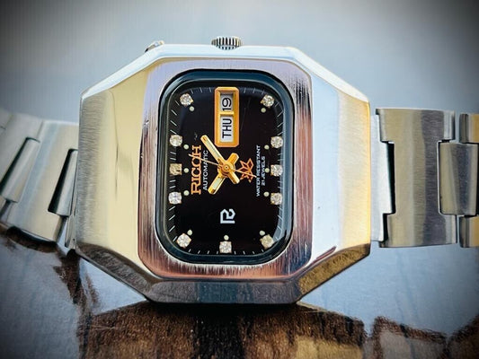 Vintage Ricoh Black Diamond Dial Automatic Mens Watch 36mm Perfect - Grab A Watch Co