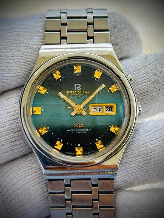 Vintage Ricoh Blue/Black Dial Automatic Mens Watch 38mm Beautiful Japan Made - Grab A Watch Co