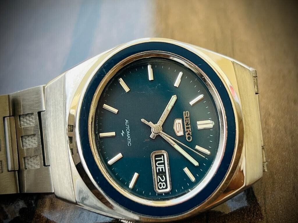 Vintage Seiko 5 Automatic Blue Dial Black Stone Case 7009-5240, Japan 37mm - Grab A Watch Co