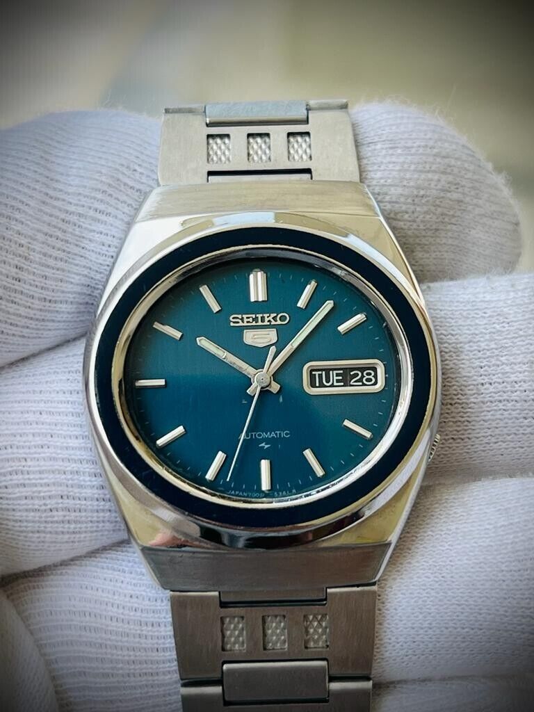 Vintage Seiko 5 Automatic Blue Dial Black Stone Case 7009-5240, Japan 37mm - Grab A Watch Co