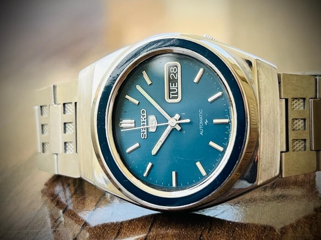 Vintage Seiko 5 Automatic Blue Dial Black Stone Case 7009-5240, Japan 37mm - Grab A Watch Co