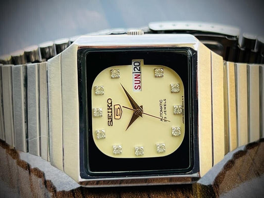 Vintage Seiko 5 Diamond Dial Automatic Mens Watch 35mm 6349-503A, Perfect - Grab A Watch Co
