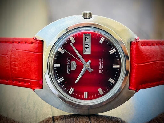 Vintage Seiko 5 Red/Black Dial Automatic Mens Watch, Japan 40mm, RARE - Grab A Watch Co