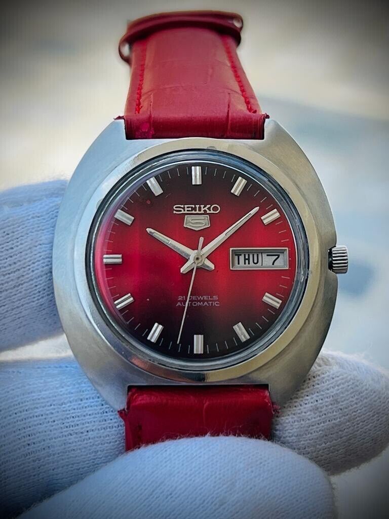 Vintage Seiko 5 Red/Black Dial Automatic Mens Watch, Japan 40mm, RARE - Grab A Watch Co