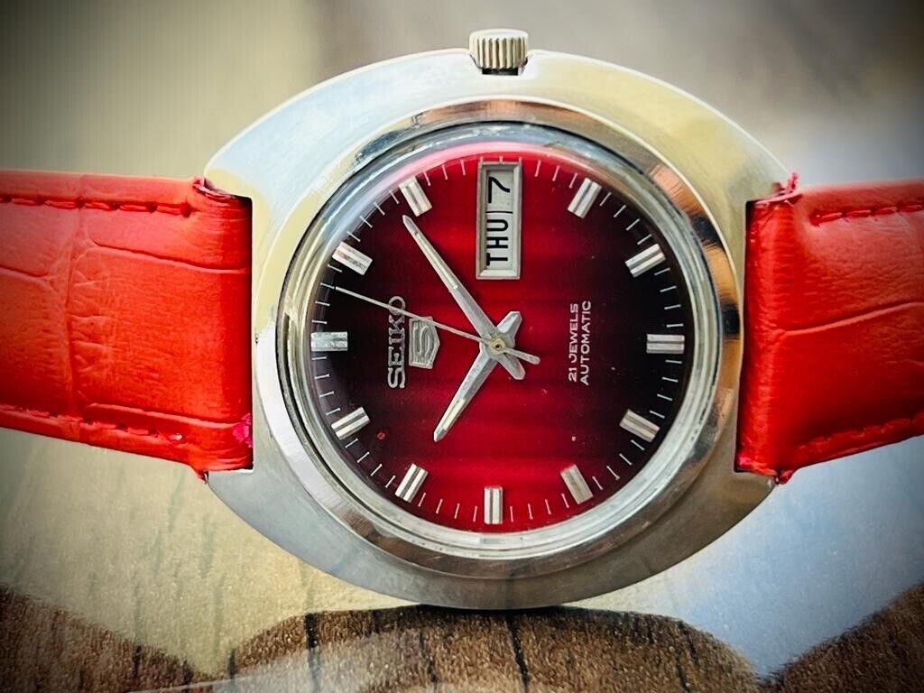 Vintage Seiko 5 Red/Black Dial Automatic Mens Watch, Japan 40mm, RARE - Grab A Watch Co