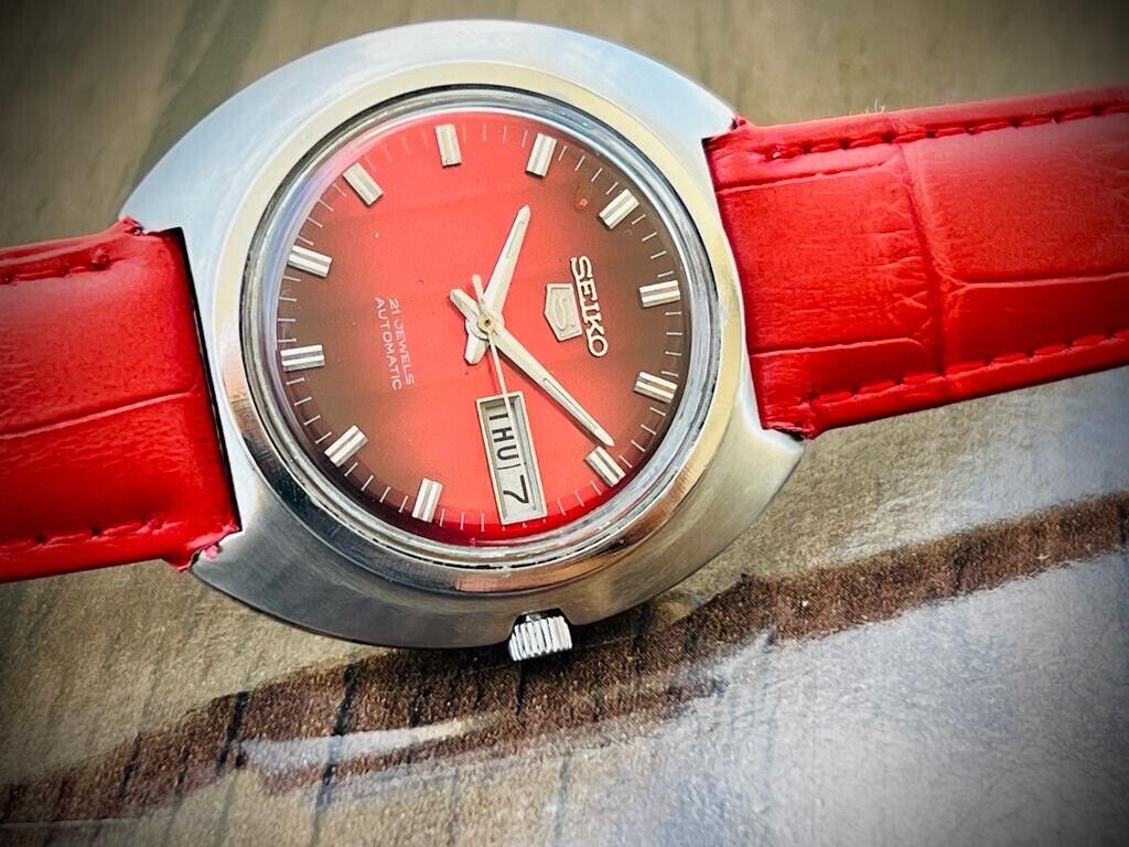 Vintage Seiko 5 Red/Black Dial Automatic Mens Watch, Japan 40mm, RARE - Grab A Watch Co