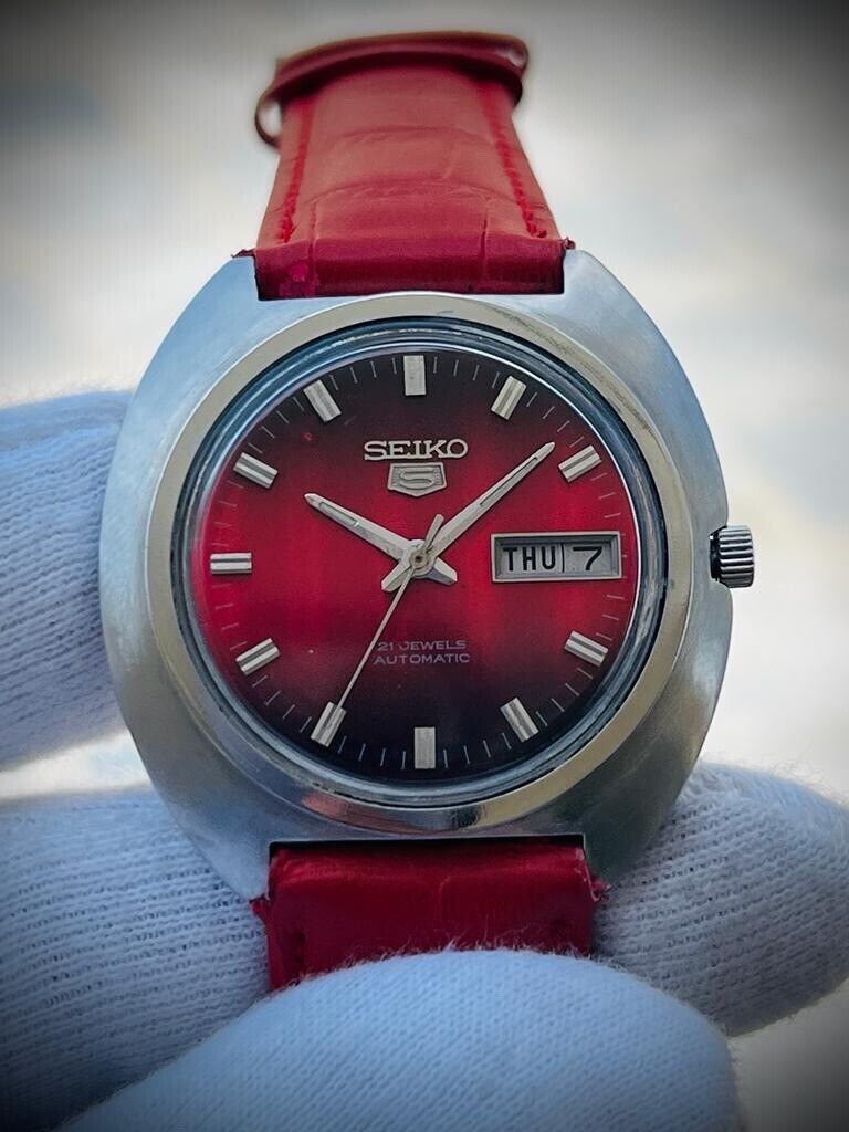 Vintage Seiko 5 Red/Black Dial Automatic Mens Watch, Japan 40mm, RARE - Grab A Watch Co