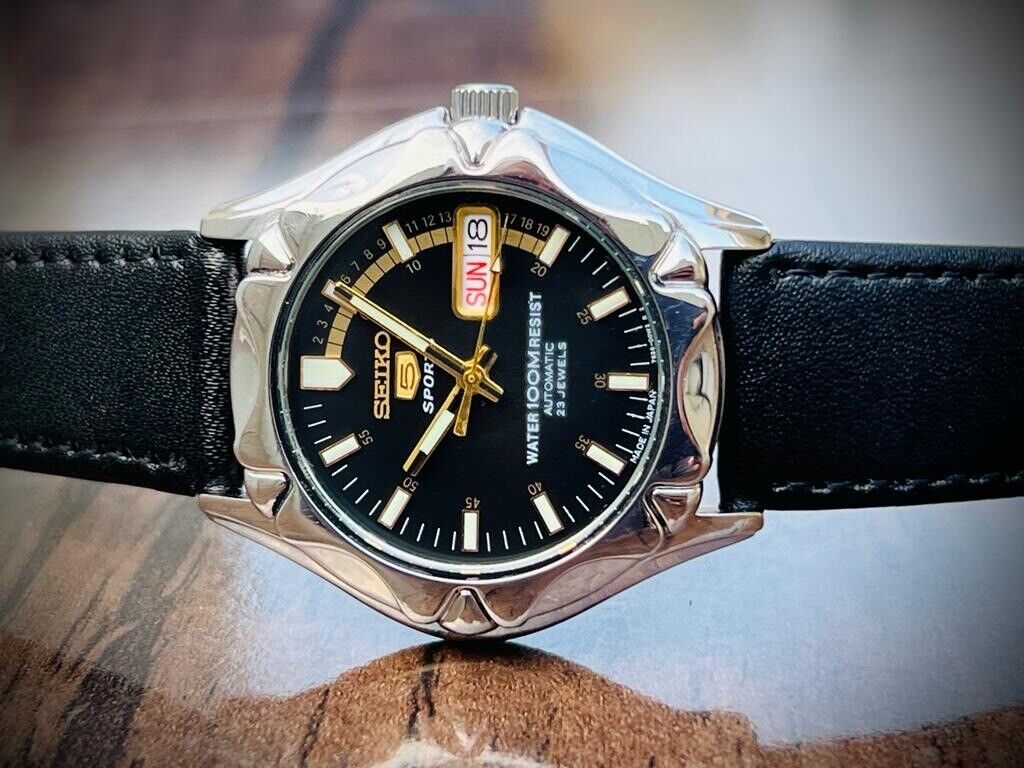 Vintage Seiko 5 Sports 100m Black Dial 7S36 Gents Watch, Japan made 40mm - Grab A Watch Co