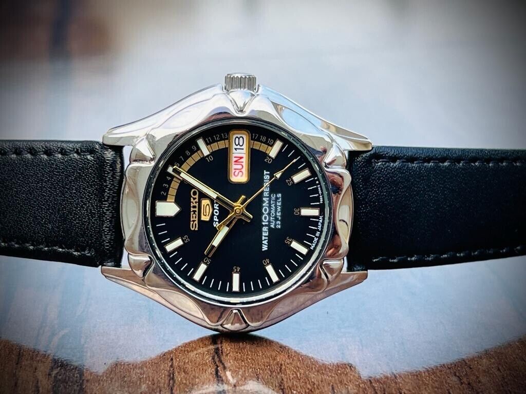 Vintage Seiko 5 Sports 100m Black Dial 7S36 Gents Watch, Japan made 40mm - Grab A Watch Co