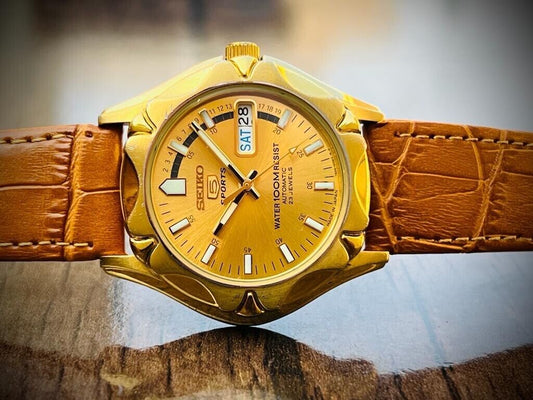 Vintage Seiko 5 Sports 100m Gold Dial 7S36 Gents Watch, Japan made 38mm - Grab A Watch Co
