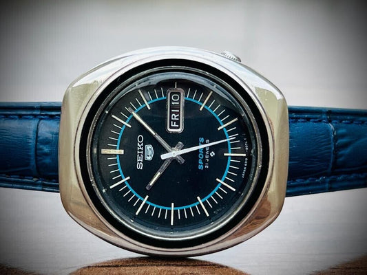 Vintage Seiko 5 Sports Blue dial 21 Jewels 40mm Made In Japan 6319-8070 - Grab A Watch Co