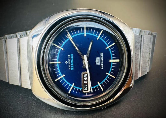 Vintage Seiko 5 Sports Blue dial 21 Jewels 40mm Made In Japan 6319-8070 - Grab A Watch Co