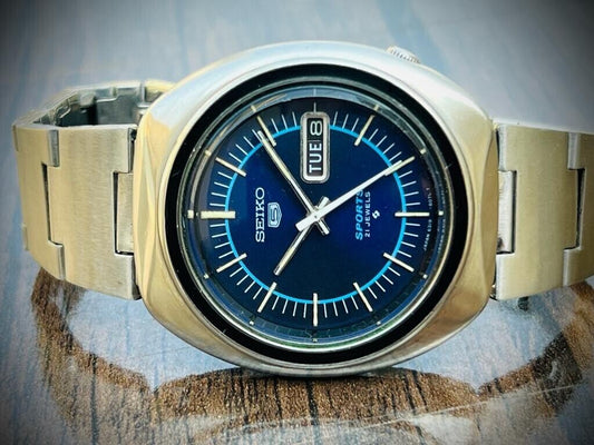 Vintage Seiko 5 Sports Blue dial 21 Jewels 42mm Made In Japan 6319-8070 - Grab A Watch Co