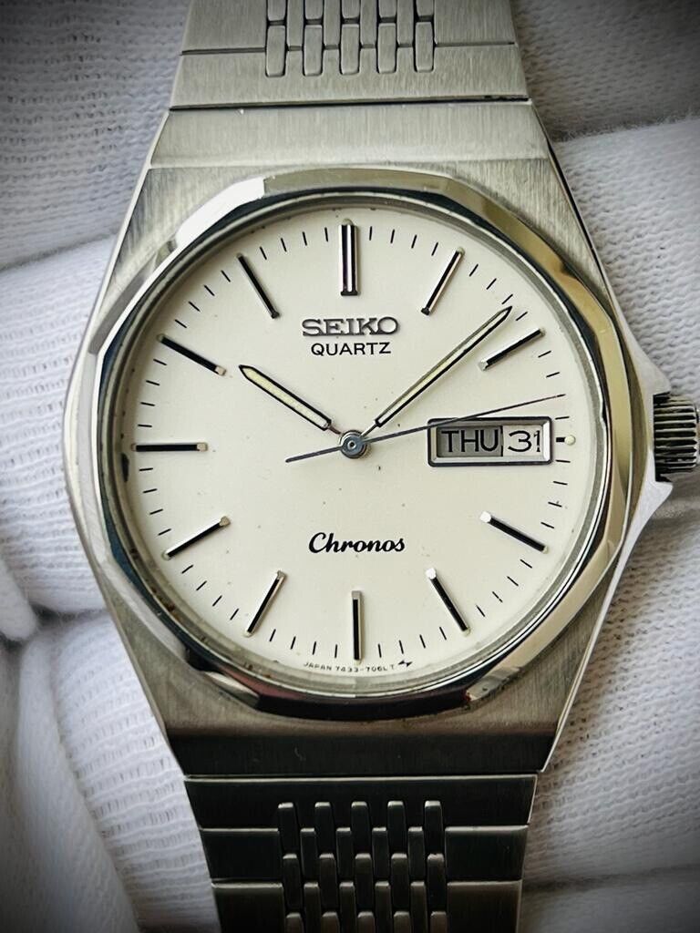 Vintage Seiko Chronos Quartz Mens Watch 7433-7040 Japan Made 35mm, Perfect - Grab A Watch Co