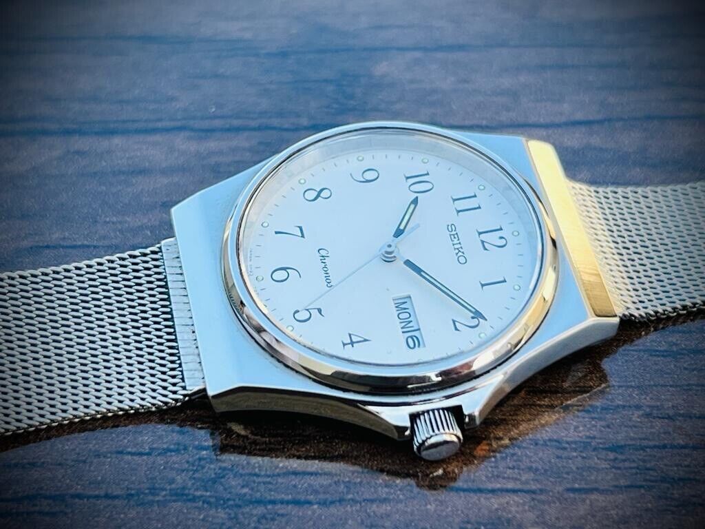 Vintage Seiko Chronos Quartz Mens Watch Japan Made 35mm, Perfect, Shark Mesh - Grab A Watch Co