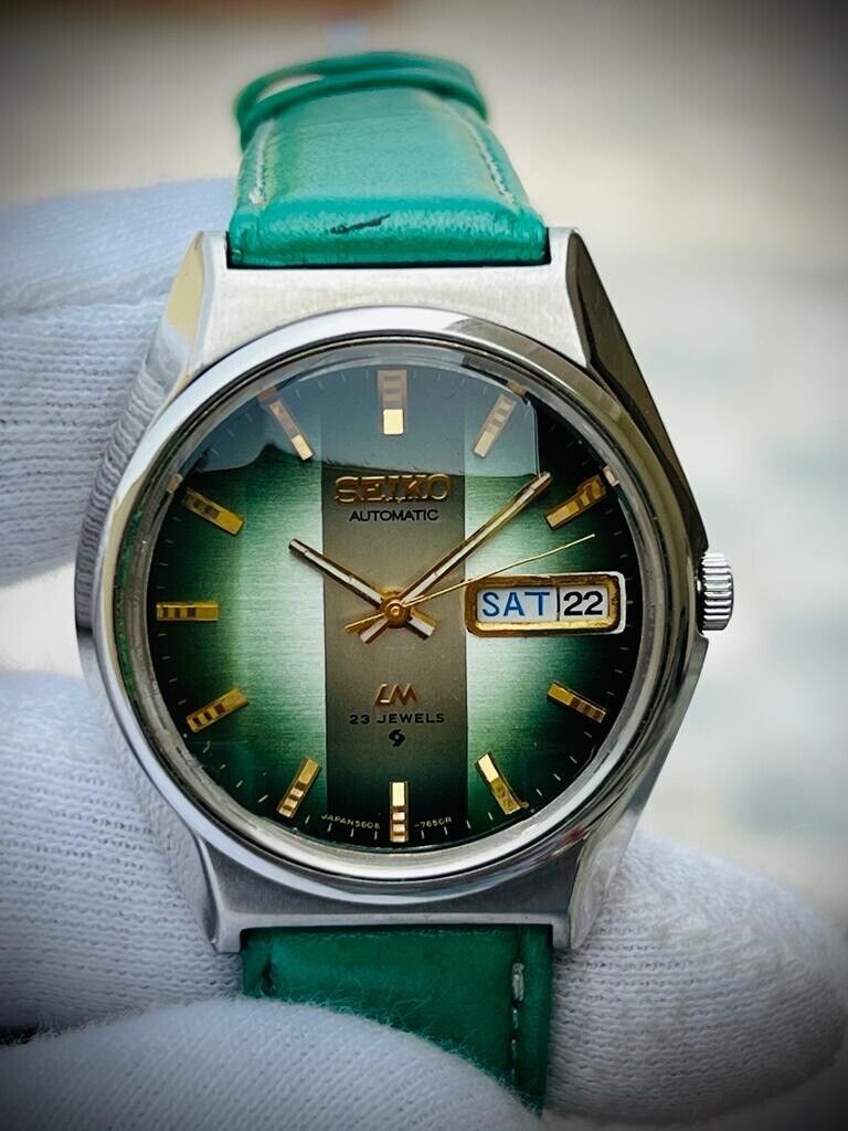 Vintage Seiko LM Eye Catching Green Dial Automatic 5606-7310 Mens Watch 37mm - Grab A Watch Co