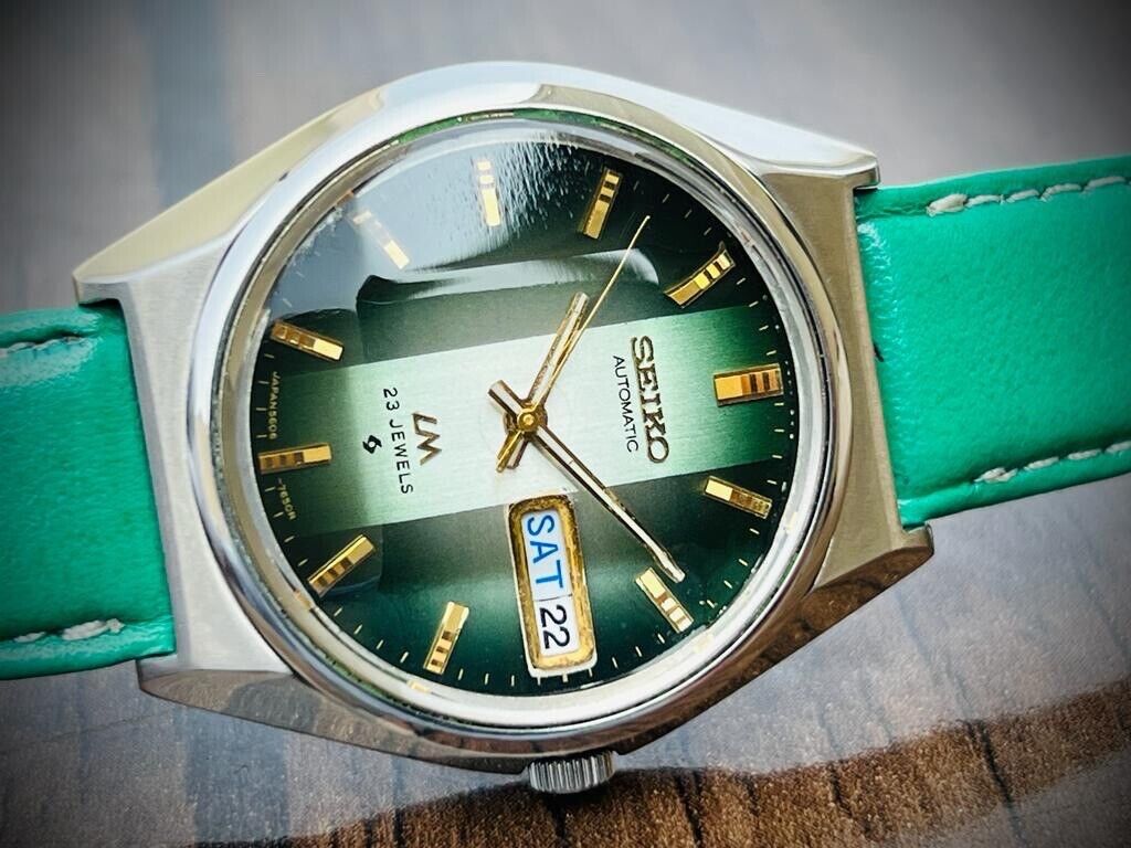Vintage Seiko LM Eye Catching Green Dial Automatic 5606-7310 Mens Watch 37mm - Grab A Watch Co