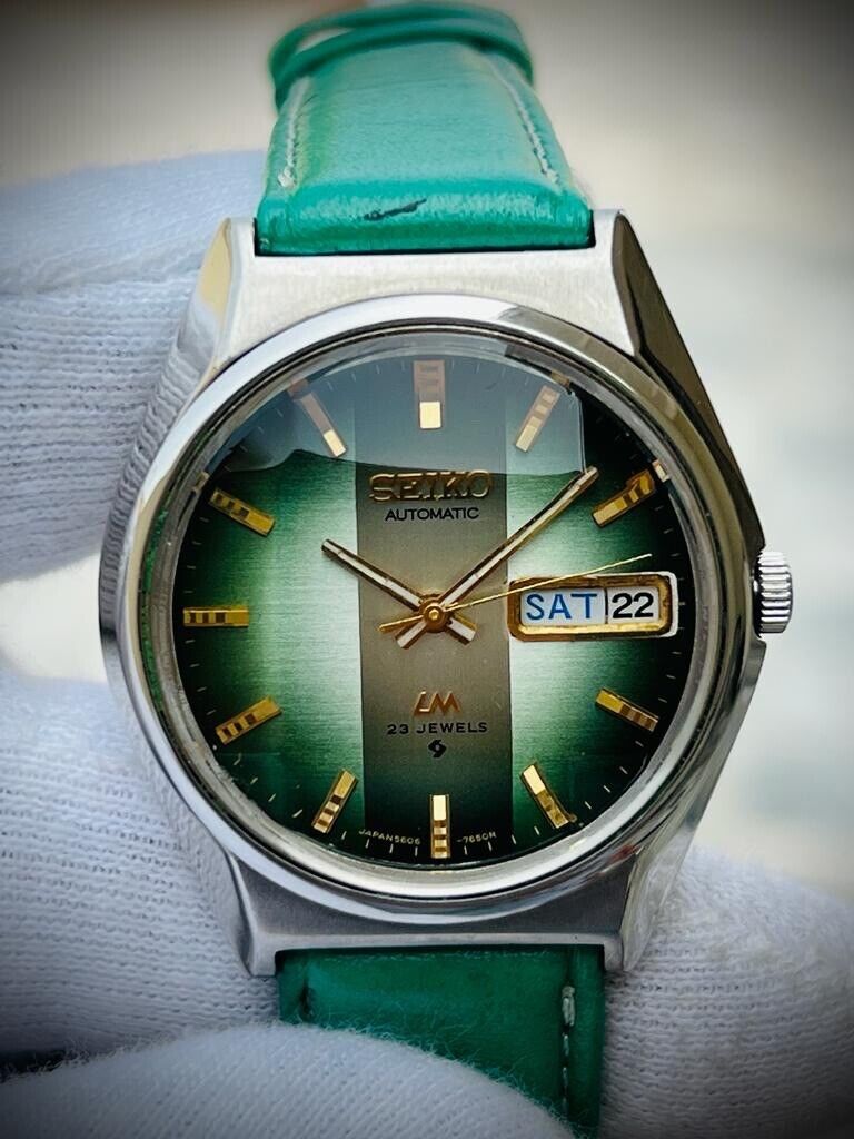 Vintage Seiko LM Eye Catching Green Dial Automatic 5606-7310 Mens Watch 37mm - Grab A Watch Co