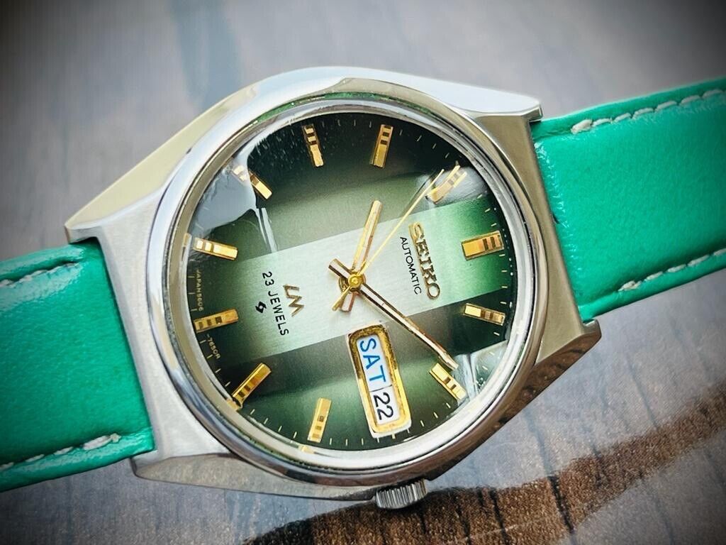 Vintage Seiko LM Eye Catching Green Dial Automatic 5606-7310 Mens Watch 37mm - Grab A Watch Co