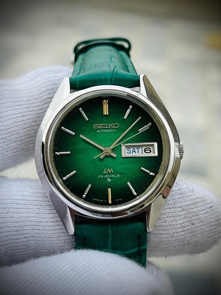Vintage Seiko LM Green Military Dial Automatic 5606-7192 Mens Watch 36mm, Rare - Grab A Watch Co
