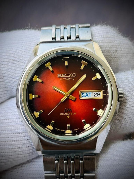 Vintage Seiko LM Red Dial 23 Jewels Automatic 5606-7320 Mens Watch 36mm, RARE - Grab A Watch Co