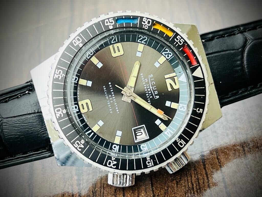 Vintage Sicura 400 Vacuum Tested GMT Automatic Divers 40mm Mens Watch, Rare - Grab A Watch Co