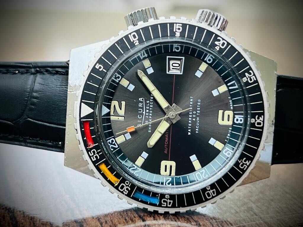 Vintage Sicura 400 Vacuum Tested GMT Automatic Divers 40mm Mens Watch, Rare - Grab A Watch Co