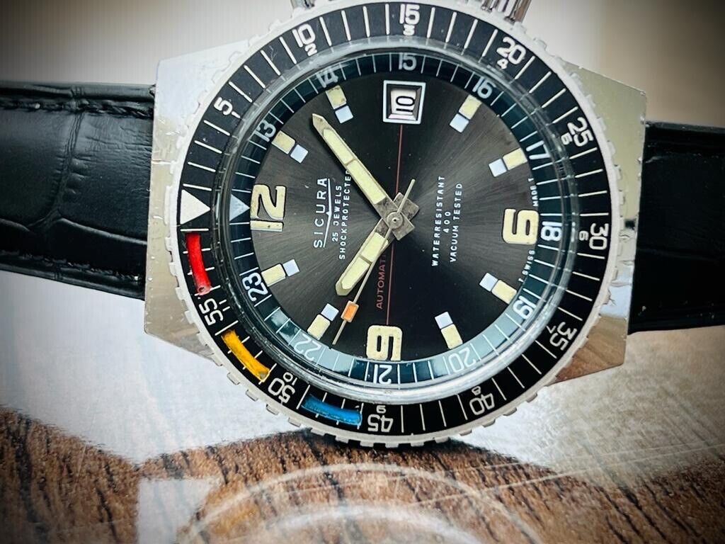 Vintage Sicura 400 Vacuum Tested GMT Automatic Divers 40mm Mens Watch, Rare - Grab A Watch Co